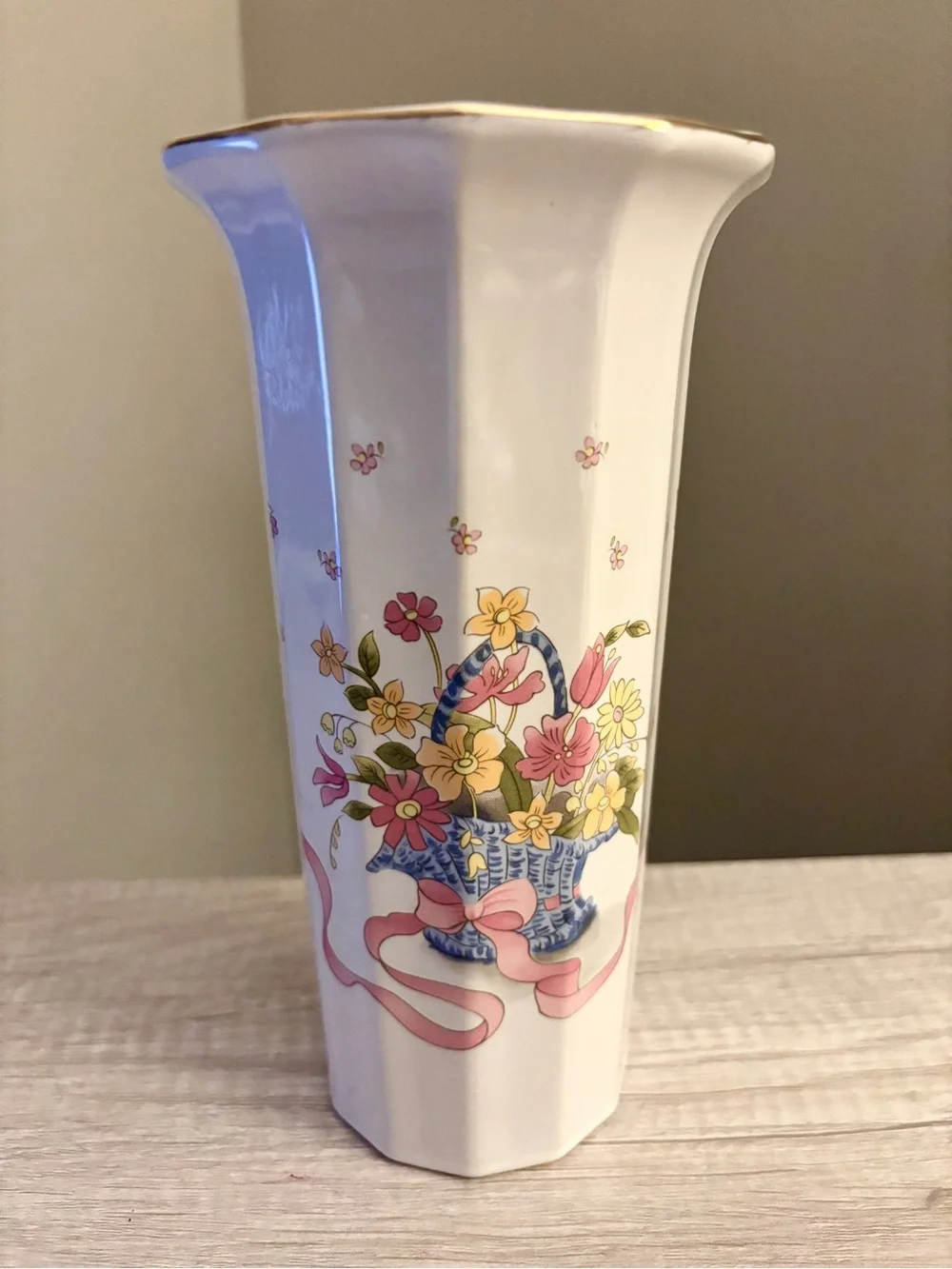 Vintage Porcelain House Japan Floral Basket Porcelain Vase Octagonal White